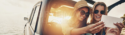 Buy stock photo Friends, girls and selfie at sunset for road trip and adventure in car for outdoor nature and holiday. Travel banner, happy women or people in picture on summer vacation, photography and lens flare