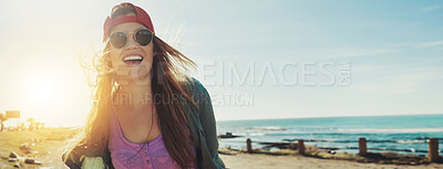 Buy stock photo Beach walk, woman and summer fun outdoor with sky mockup and space with skater style. Excited, banner and girl happy on adventure with casual clothes, positive attitude and holiday with sunglasses