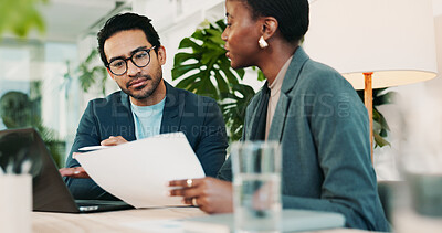 Buy stock photo Office, team meeting and feedback for laptop, proposal and research notes with document for report. Man, woman and advice for small business, teamwork and collaboration for partnership or b2b project