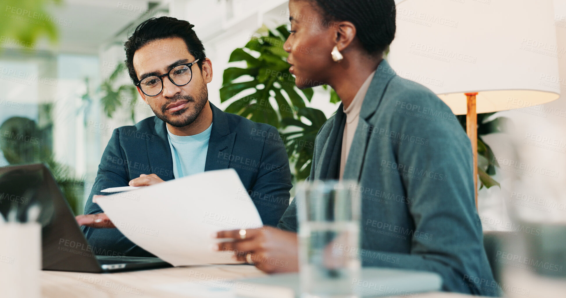 Buy stock photo Office, team meeting and feedback for laptop, proposal and research notes with document for report. Man, woman and advice for small business, teamwork and collaboration for partnership or b2b project