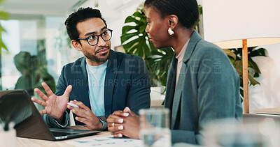 Buy stock photo Office, training and team advice for laptop, proposal and research notes with document for report. Man, woman and feedback for business, collaboration and meeting for partnership or b2b project
