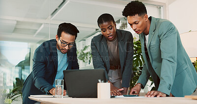 Buy stock photo Office, feedback and report discussion for laptop, proposal and research notes with document for team. Man, woman and advice for business, collaboration and meeting for training or b2b project