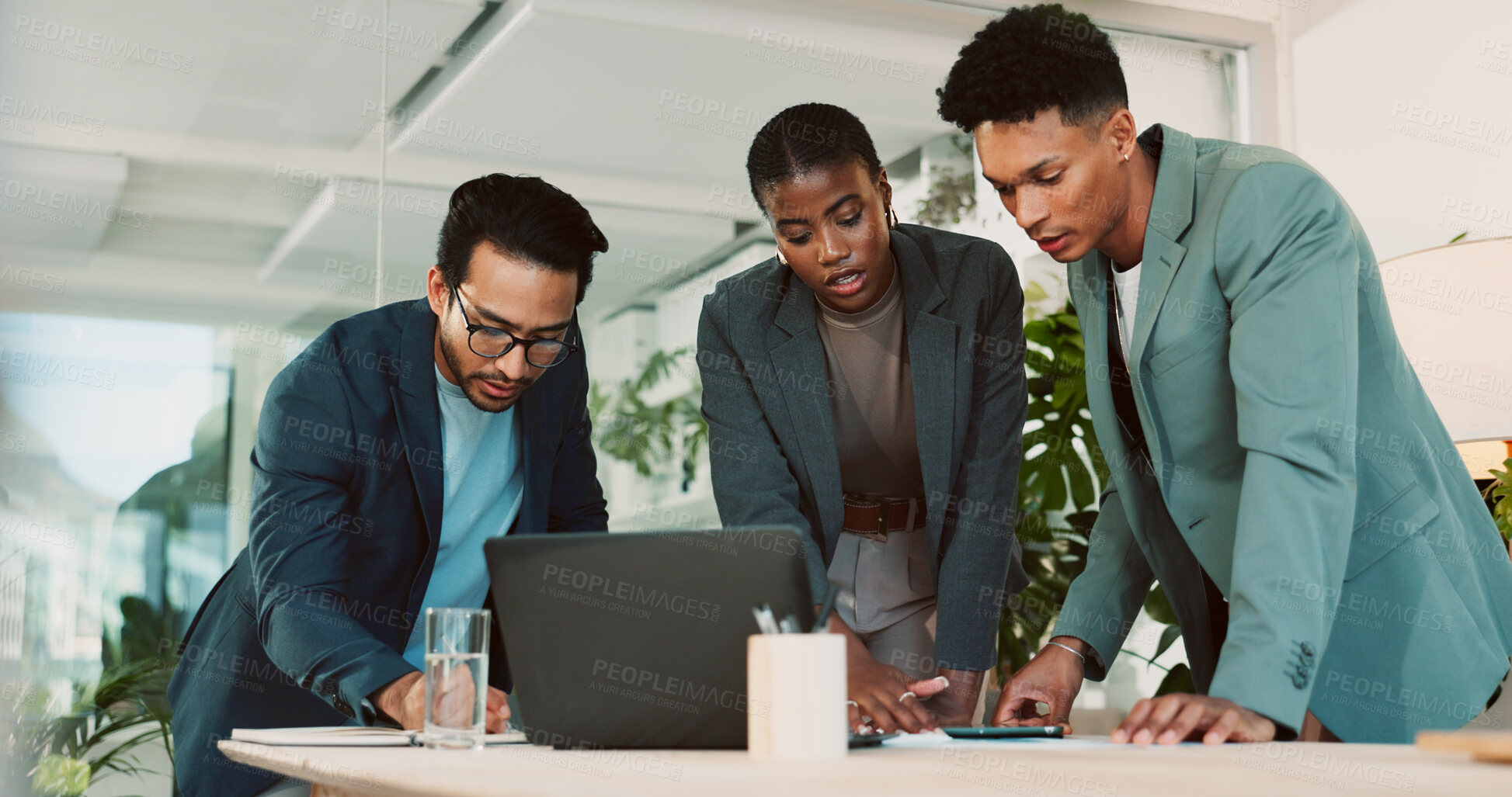 Buy stock photo Office, feedback and report discussion for laptop, proposal and research notes with document for team. Man, woman and advice for business, collaboration and meeting for training or b2b project