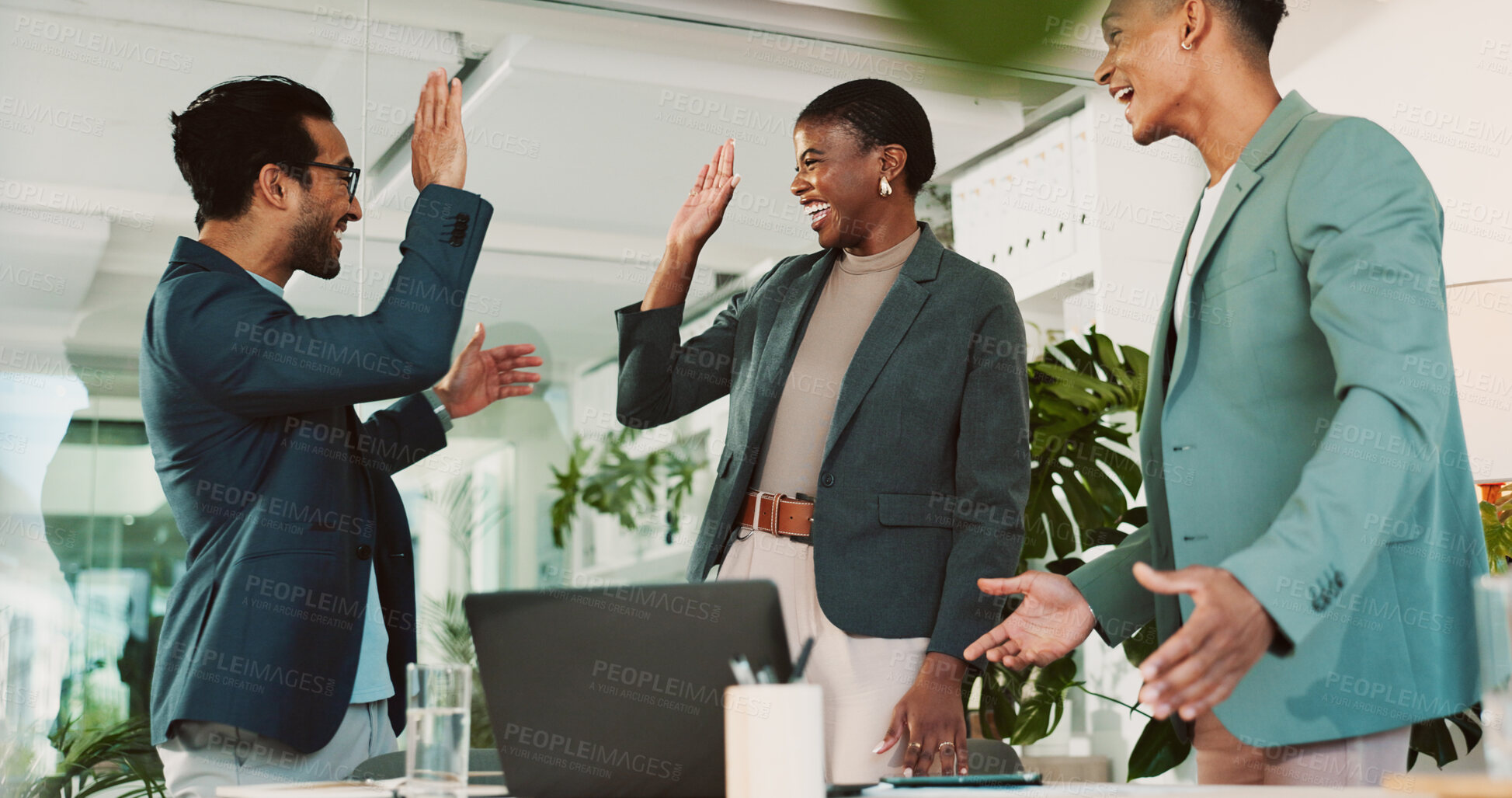Buy stock photo Office, high five and report feedback for laptop, proposal and research notes with celebration for team. Man, woman and smile for small business, collaboration and meeting for training or b2b project