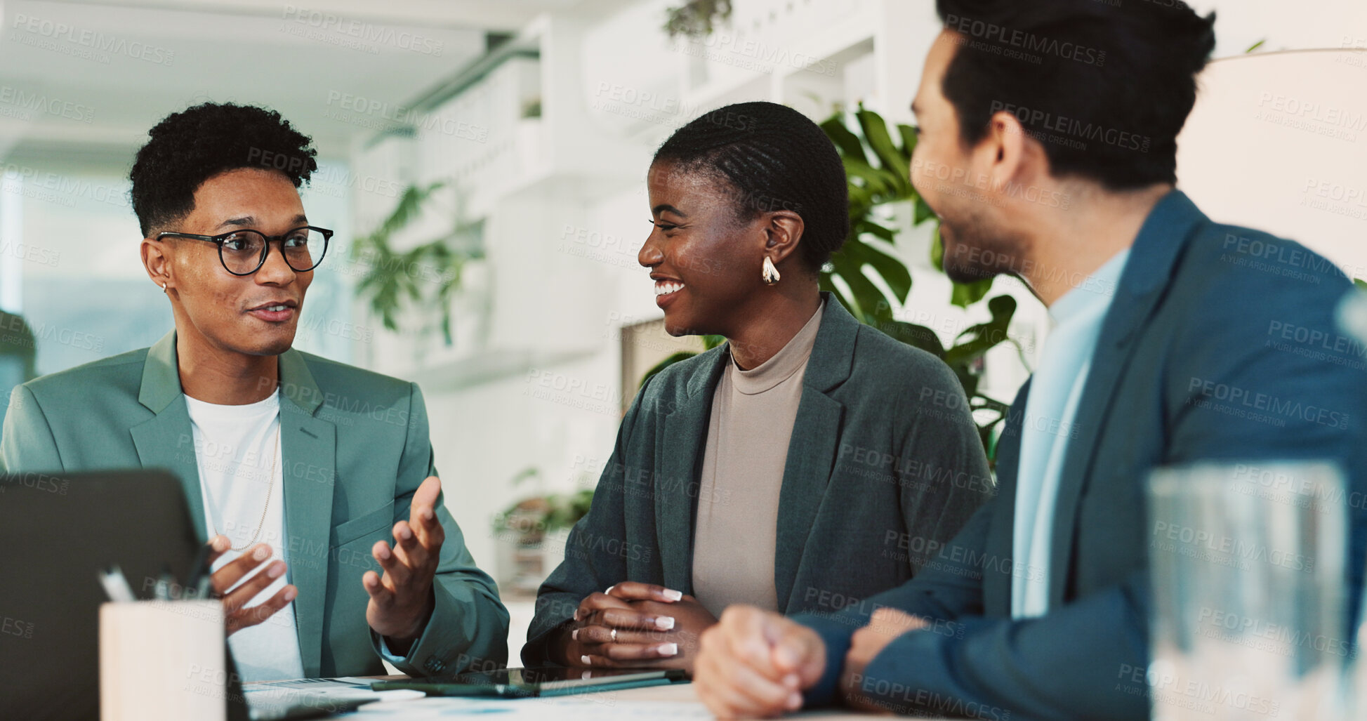 Buy stock photo Office, partnership and collaboration feedback for laptop, proposal and research notes with document for team. Man, woman and advice for small business, report and meeting for training or b2b project