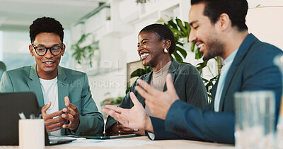 Buy stock photo Laughing, teamwork and business people with laptop in office, financial planning and investment. Collaboration, employees and advisor in accounting firm for corporate performance, feedback or digital