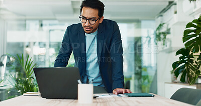Buy stock photo Businessman, stress and laptop in office for finance, banking fraud and accounting mistake at desk. Confused accountant, computer and frustrated in agency for admin crisis, economy fail and anxiety