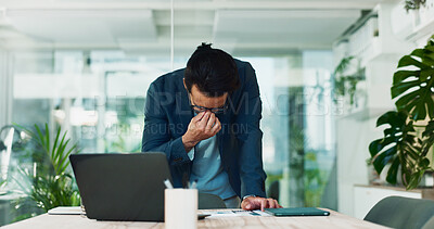 Buy stock photo Businessman, stress and headache in office for finance, banking fraud and accounting mistake at laptop. Accountant, tech and frustrated in financial agency for admin crisis, economy fail and anxiety