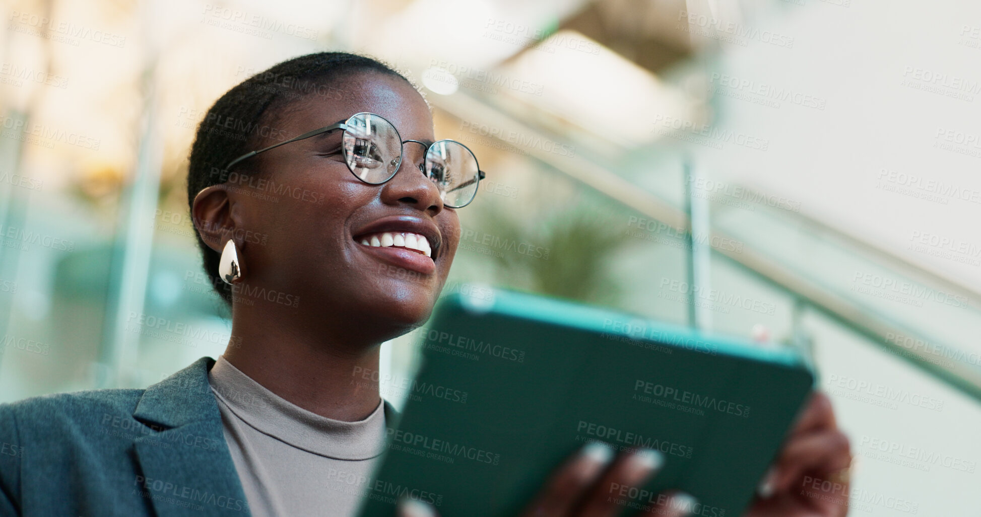 Buy stock photo Office, black woman and thinking with tablet for connection, software update and confidence for career. Ideas, happy person and web designer with digital for app notification, review tools and below