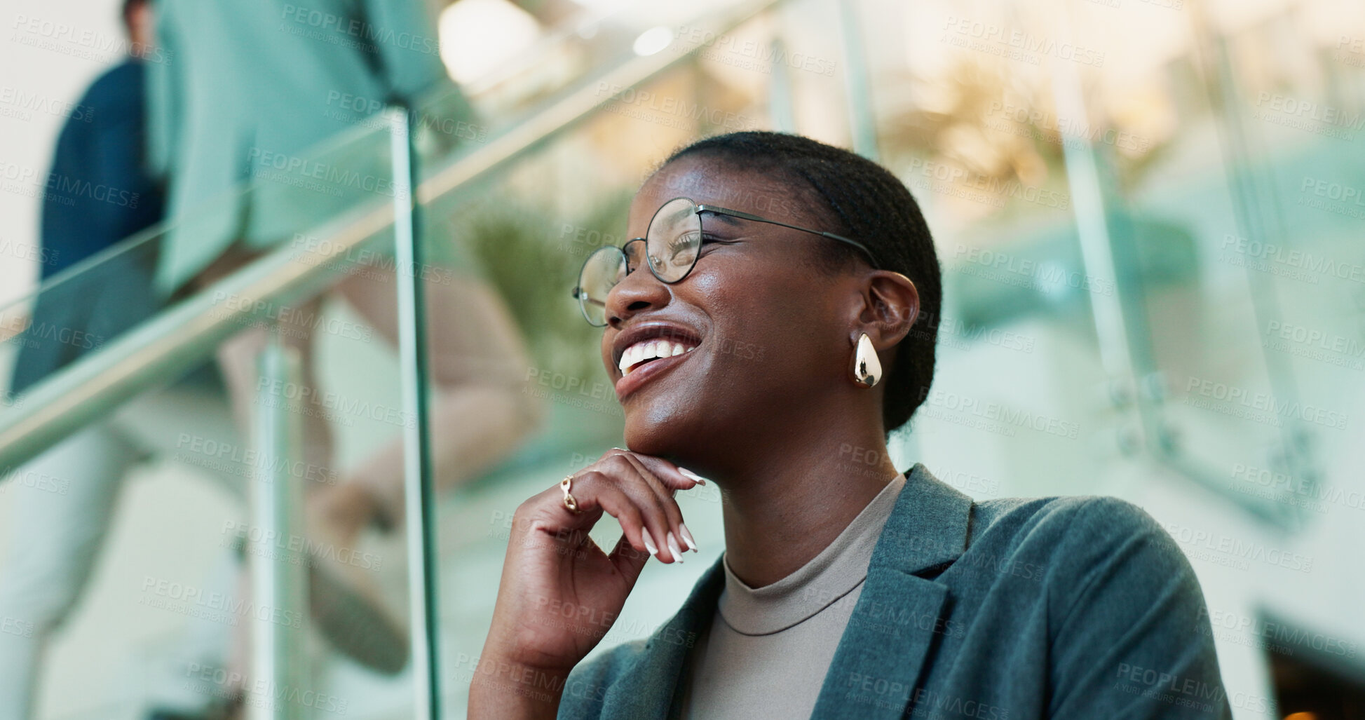 Buy stock photo Thinking, confidence and black woman with glasses in office for planning, idea or proposal. Problem solving, reflection and brainstorming with person in agency for solution, vision or review decision