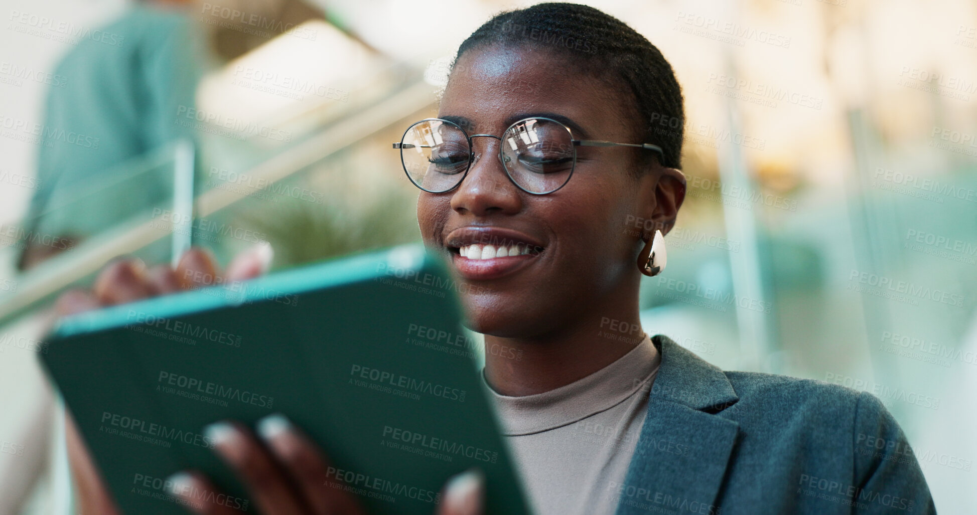 Buy stock photo Office, black woman and happy with tablet for connection, software update and confidence for career. Smile, female person and web designer with digital for app notification, design tools and review