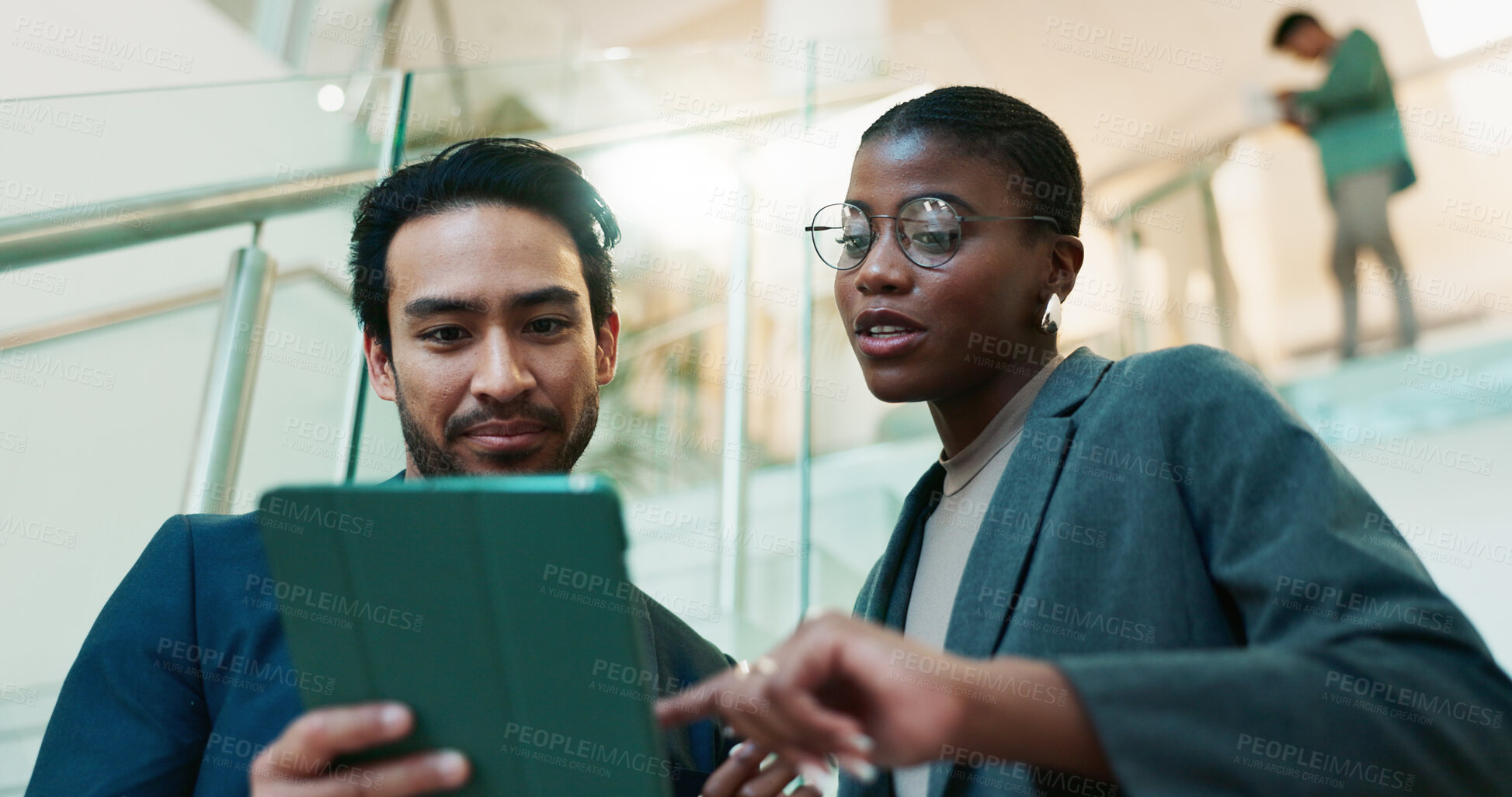 Buy stock photo Office, teamwork and business people with tablet for planning, software update or discussion for research. Employees, manager and web designer with digital for app notification, review tools or below