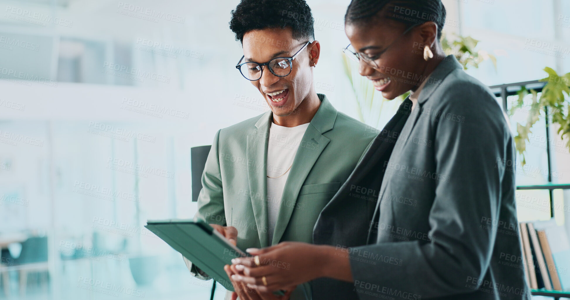 Buy stock photo Collaboration, research and tablet with business people in office for sustainability manager, eco consultant and planning. Environment policy, climate change solution and teamwork with employees