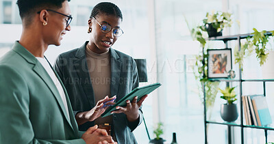 Buy stock photo Teamwork, consultant and tablet with business people in office for sustainability manager, eco research and planning. Environment policy, climate change solution and discussion with employees