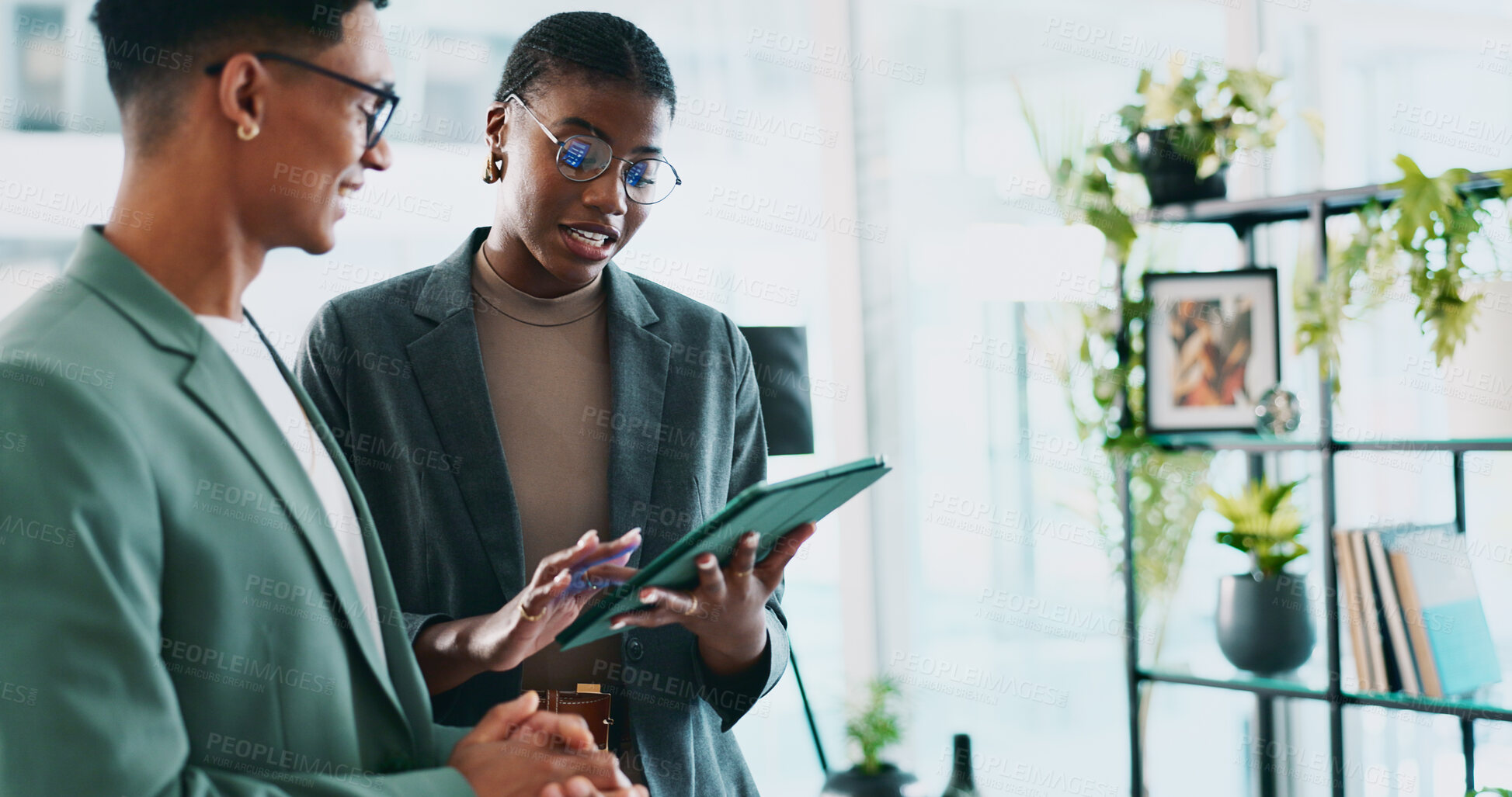 Buy stock photo Teamwork, consultant and tablet with business people in office for sustainability manager, eco research and planning. Environment policy, climate change solution and discussion with employees