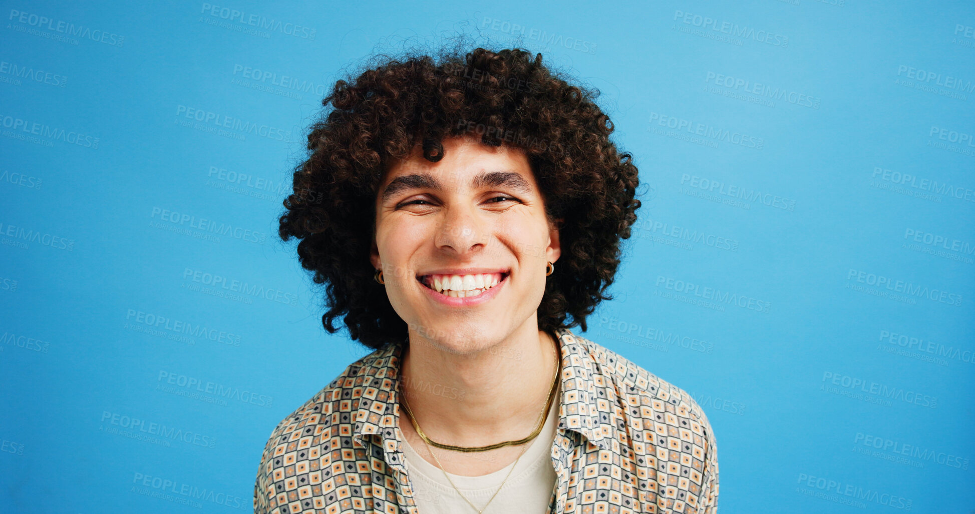 Buy stock photo Studio, happy man or portrait with fashion for funky style, cool expression or confidence for afro. Blue background, male person or hipster model with clothes for new year party, curly hair or mockup