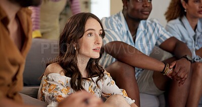 Buy stock photo Woman, watching TV and nervous with friends for sport, entertainment and streaming tournament. People, fans and suspense in home for competition, event and media service with anxiety for announcement