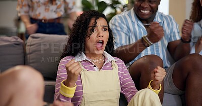 Buy stock photo Home, woman and celebration with friends, watching tv or streaming online and goal for football team. Game tournament, happy people and cheering for weekend, supporters and fans for sport match