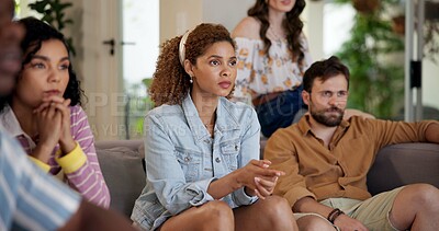 Buy stock photo Friends, watching TV and anxiety in home for sport, entertainment and streaming tournament. People, fans and suspense on sofa for competition, event and media service with waiting for announcement
