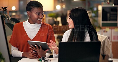 Buy stock photo Women, team and discussion in office at night, magazine editor and manager for helping staff. Employees, publishing agency and tablet for cover design, talking and brainstorming for project plan