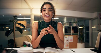 Buy stock photo Business woman, portrait and night with video call for online conference, webinar or helpful tips at office. Female person, tutor or virtual assistant working late in POV with smile for steps or list