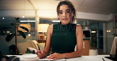 Buy stock photo Business woman, portrait or night with video call for webinar, online conference or workshop at office desk. Face, female person or journalist in POV for virtual class, seminar or course at workplace