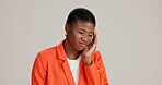 Headache, stress and vertigo with black woman in studio for fatigue, migraine or mockup space. Tinnitus, brain fog and frustrated with person on white background for tired, anxiety and pain crisis