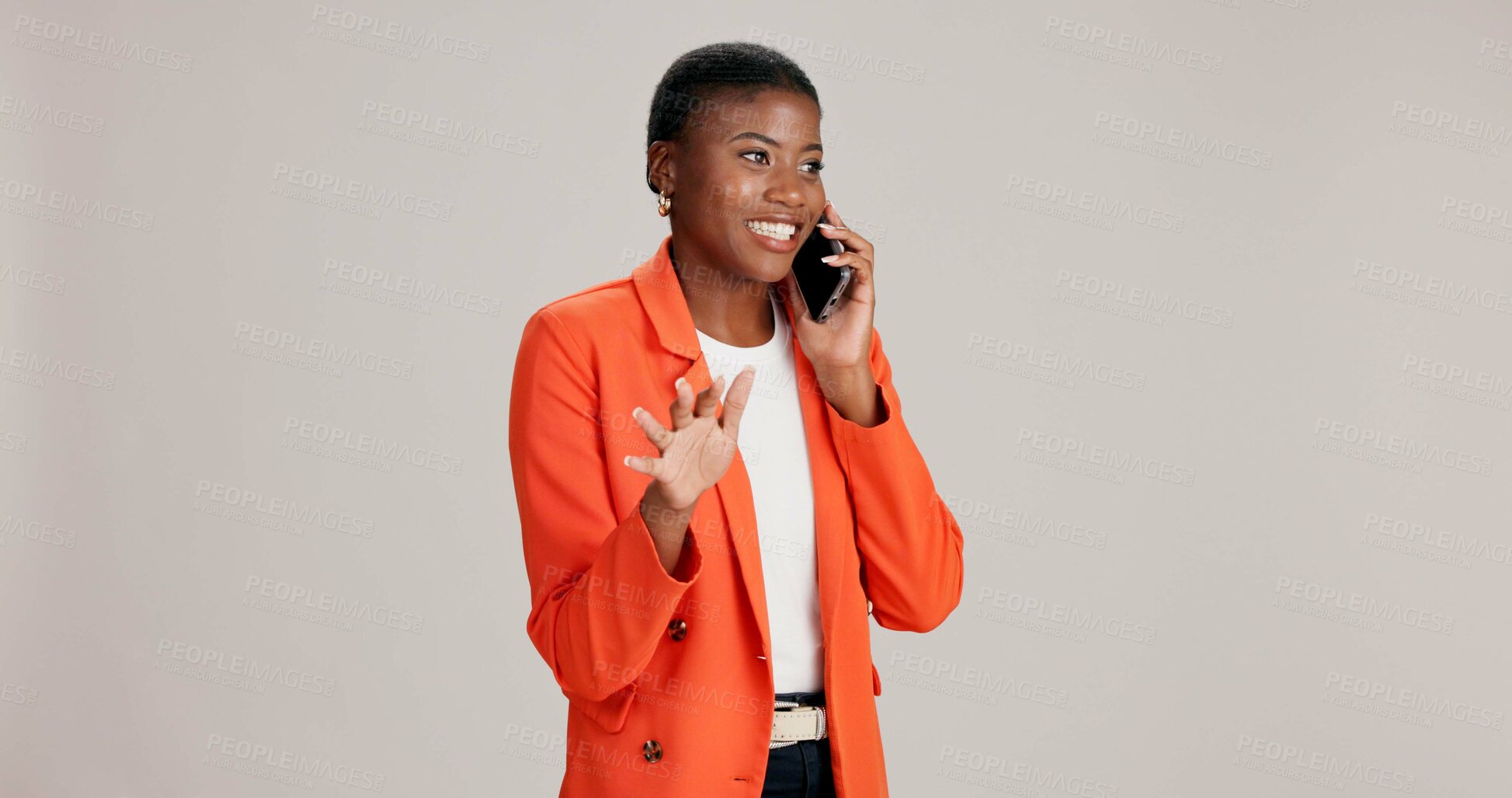 Buy stock photo Business, woman and smile with phone call on studio background for good news, communication or gossip. Mockup space, black person and talking to contact for storytelling, fun chat and networking