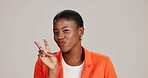 Black woman, business and peace sign in studio with portrait, smile and gesture for vote. Entrepreneur, pout and hand V on white background for support, feedback and emoji with confidence in Kenya