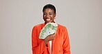 Black woman, cash fan or happy for business with portrait, profit or startup success in studio. Entrepreneur, money or excited on white background space for financial aid, investment return or wealth