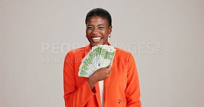 Buy stock photo Black woman, cash fan or happy for business with portrait, profit or startup success in studio. Entrepreneur, money or excited on white background space for financial aid, investment return or wealth