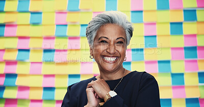 Buy stock photo Woman, excited and portrait in office for planning, creativity and project management in business. Mature designer, happy and sticky notes in agency for moodboard, agenda and opportunity in schedule