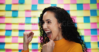 Buy stock photo Success, scrum and excited with business woman in studio for announcement, mockup space and startup idea. Winner, sticky note and promotion with employee on background for good news and approval