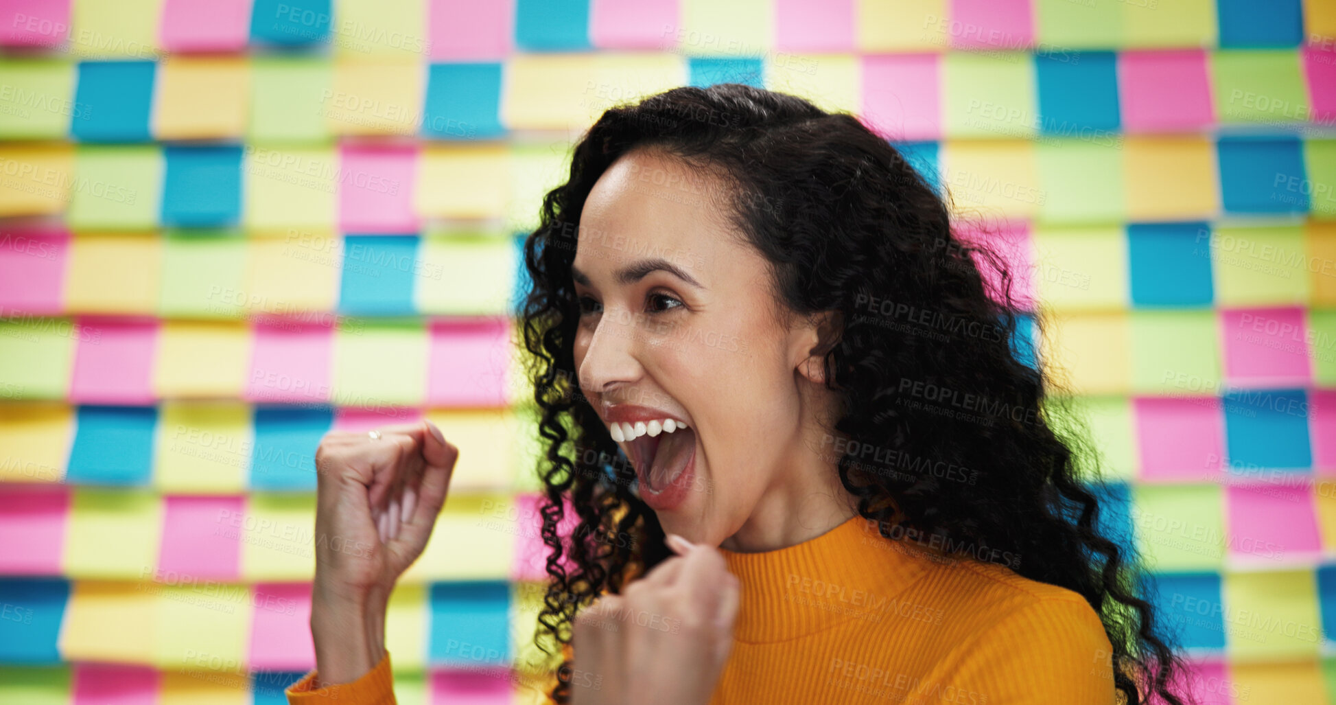 Buy stock photo Success, scrum and excited with business woman in studio for announcement, mockup space and startup idea. Winner, sticky note and promotion with employee on background for good news and approval