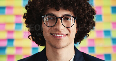 Buy stock photo Smile, memo and portrait with business man in studio for brainstorming, startup and scrum solution. Idea, agenda and schedule with person on background for sticky note, planning and moodboard