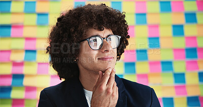 Buy stock photo Creative, thinking and business man with sticky note for problem solving, project ideas and agenda. Future, male person and designer with thoughts for planning, solution and brainstorming in studio