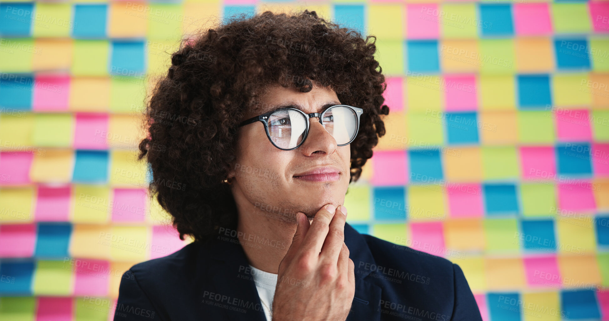 Buy stock photo Creative, thinking and business man with sticky note for problem solving, project ideas and agenda. Future, male person and designer with thoughts for planning, solution and brainstorming in studio