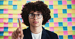 Man, glasses and confused in office for question, advice and project planning with creativity. Designer, idea and gesture at sticky notes with opinion, feedback and proposal for career development