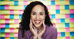 Happy woman, portrait and surprise with colorful background for prize, good news or promotion in studio. Excited, female person or model with smile for celebration, winning or new job opportunity
