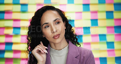 Buy stock photo Woman, thinking and planning in office for business, opportunity and agenda on creative moodboard. Designer, ideas and vision at sticky notes with timeline, calendar update and project management