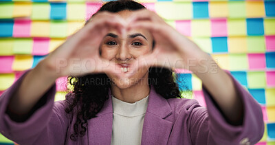 Buy stock photo Happy woman, portrait and heart hands in office for business, agenda or career passion with creativity. Designer, love emoji or smile at sticky notes for timeline, job development or pride in company