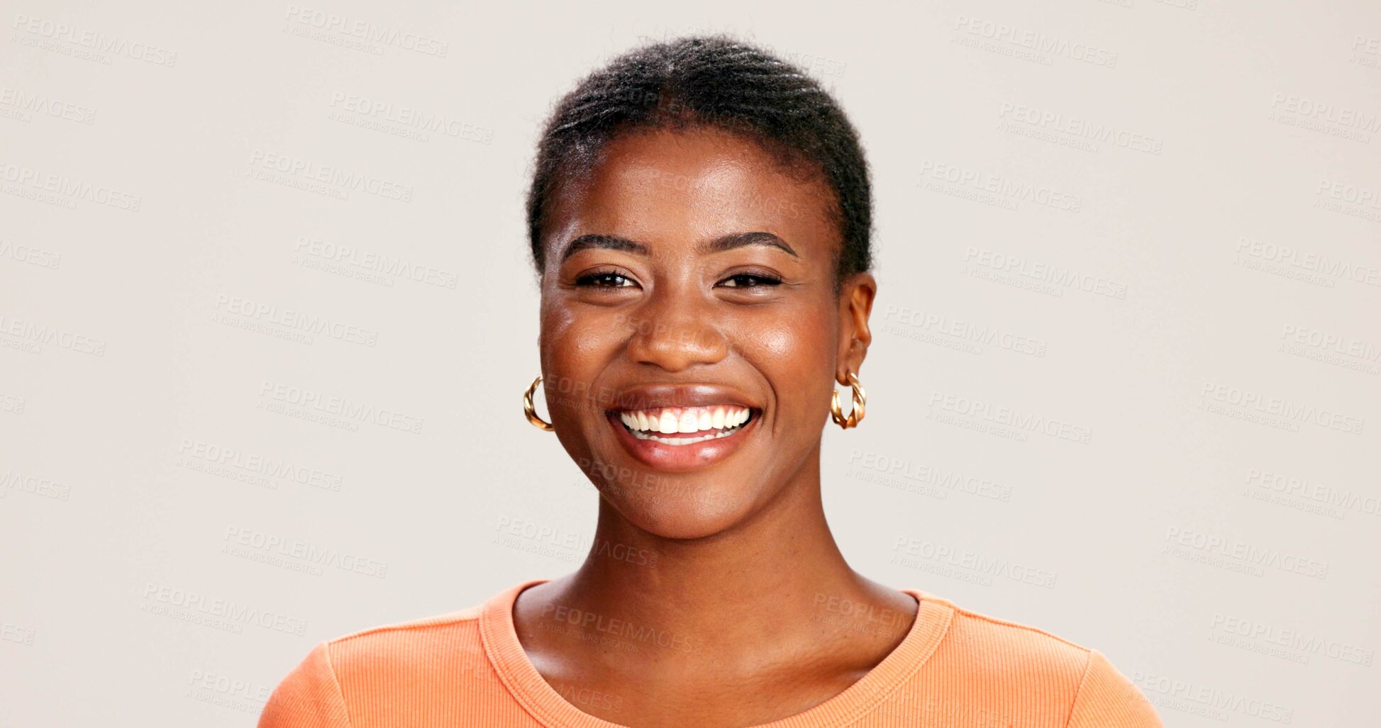 Buy stock photo Portrait, black woman and happy in studio for casual style with satisfaction, pride and confidence in Kenya. Female person, isolated and smile for fashion, comfort and outfit on white background