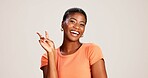 Black woman, portrait or peace sign in studio with fashion, positive attitude or good mood. Gen z girl, happy or hand V on white background with relax, emoji gesture or support vote with casual style