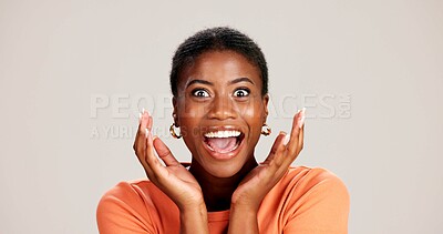 Buy stock photo Excited, shocked and winner with portrait of black woman in studio for celebration, announcement and good news. Discount deal, happiness and mockup space with person on white background for wow emoji