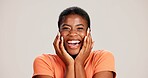 Excited, smile and winner with portrait of black woman in studio for celebration, announcement and good news. Discount deal, happiness and mockup space with person on white background for wow emoji