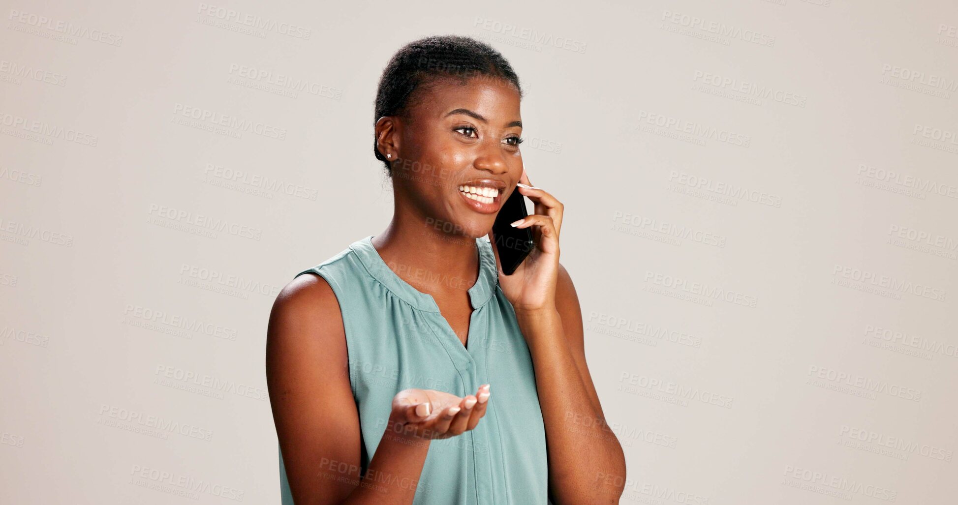 Buy stock photo Happy, black woman and talking with phone call in studio for explanation or business proposal on a white background. African female person or model speaking on mobile smartphone for advice or ideas