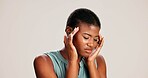 Stress, headache and vertigo with black woman in studio for brain fog, fatigue and pain. Tired, anxiety and frustrated with person on white background for tension, burnout pressure and migraine