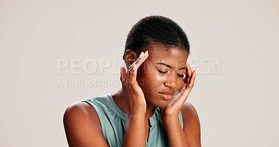 Buy stock photo Stress, headache and vertigo with black woman in studio for brain fog, fatigue and pain. Tired, anxiety and frustrated with person on white background for tension, burnout pressure and migraine