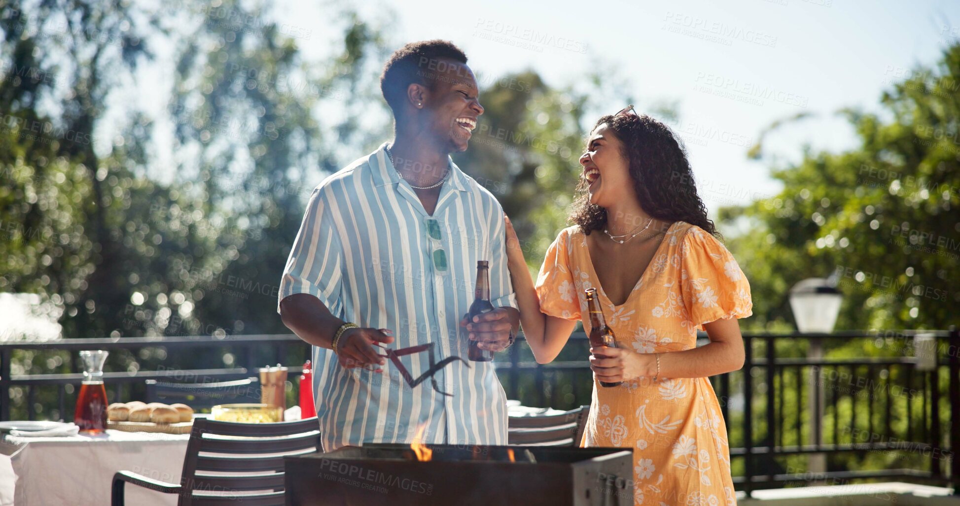 Buy stock photo Bbq, drinks and couple of friends outdoor for social gathering, laughing and funny joke at reunion party. New years celebration, woman and man cooking lunch on terrace with bonding or festive holiday