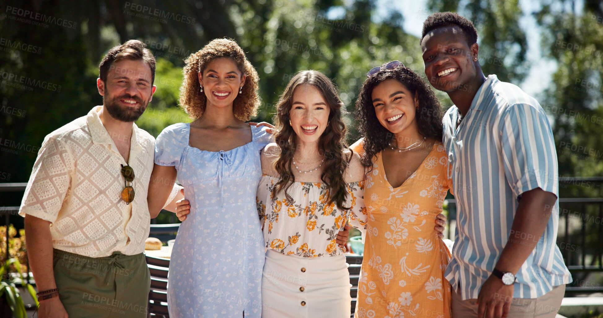 Buy stock photo Women, portrait and outdoor with friends for party, reunion and bonding memories for social gathering. People, hug and new years event for holiday, birthday celebration or excited for summer vacation